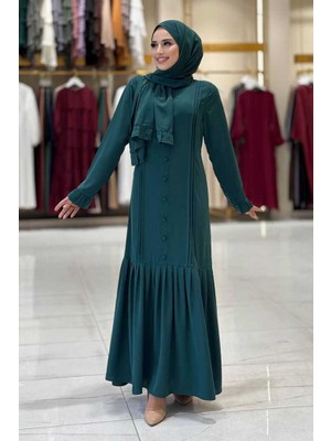 Bym Fashion Pilise Detay Elbise ŞAL HEDİYE   6039 Zümrüt