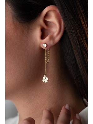 925 Ayar Gümüş Gold Kaplama 5 mm Tektaş Sallantılı Zincir Dört Yapraklı Yonca Küpe