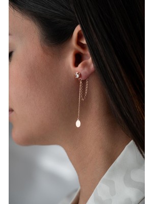 925 Ayar Gümüş Rose Kaplama 5 mm Tektaş Sallantılı Zincir Sade Yuvarlak Model Küpe