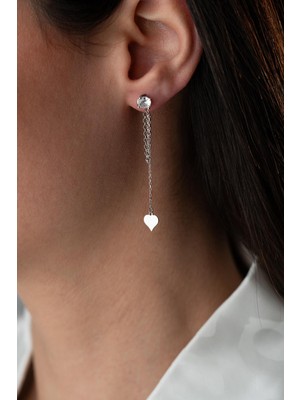 925 Ayar Gümüş Rodyum Kaplama 5 mm Tektaş Sallantılı Zincir Sade Kalp Model Küpe