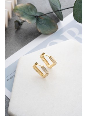 925 Ayar Gümüş Gold Kaplama Zirkon Taşlı Kübik Tasarım Küpe