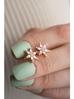 925 Ayar Gümüş Gold Kaplama Pembe Zirkon Taşlı Lotus Çiçeği Küpe