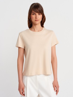 31757 Bisiklet Yaka Dikiş Detaylı T-Shirt-Taş