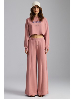 Grimelange ETHIQUET VIELKA Kadın Organik Pamuklu İçi Şardonlu Nervürlü Yazı Nakış Detaylı Gül Kurusu Eşofman Altı