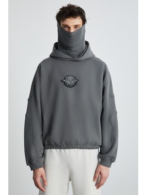Grimelange Alfıan Erkek Maskeli Içi Polarlı Yumuşacık Nakış Detaylı Comfort Organik Pamuk Gri Sweatshirt