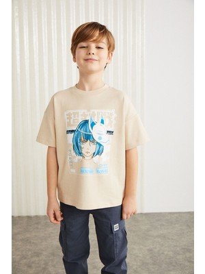 Grimelange BRODERICK-GRM24013 100% pamuk baskılı  kısa kollu erkek çocuk t-shirt Bej T-Shirt
