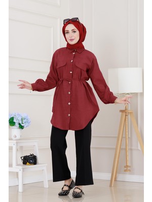 Cep Kapaklı Beli Bağcıklı Tunik-Bordo