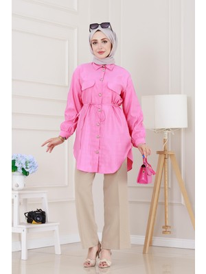 Cep Kapaklı Beli Bağcıklı Tunik-Pembe