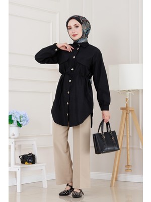 Cep Kapaklı Beli Bağcıklı Tunik-Siyah