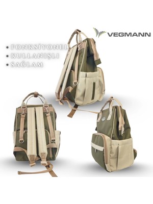 Vegmann Tender Asos Kumaş Anne Bebek Bakım Sırt Çantası Biberon Termos Gözlü Haki- Bej