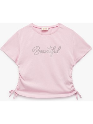 Koton Pamuklu Taş Baskılı Büzgü Detaylı Kısa Kollu Crop Tişört