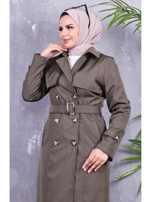 Sevda Kılınç Kadın Trençkot Ceket Yaka Modern Tasarım Haki Renk Standart Kalıp