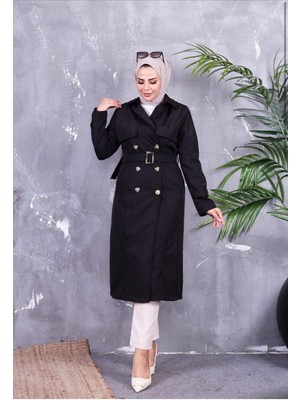 Sevda Kılınç Kadın Trençkot Ceket Yaka Siyah Renk Standart Kalıp Şık Tasarım