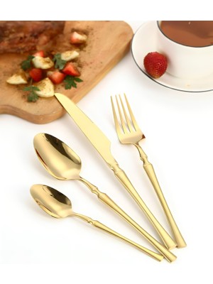 Chavin Paslanmaz Çelik 24 Parça 6 Kişilik Gold Yemek Kaşık Çatal Bıçak Set CIN738SR