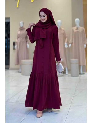 Bym Fashion Pilise Detay Elbise ŞAL HEDİYE   6039 Bordo