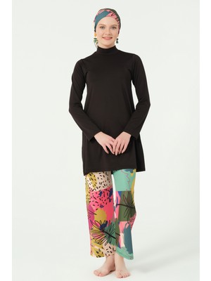 Alfasa Florin Desenli Paçası Kordonlu Tam Tesettür Mayo Siyah - 25638-25