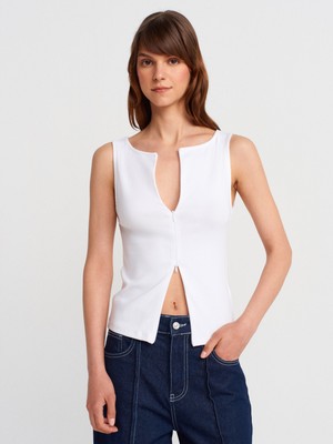31764 Fermuar Detaylı Top-Beyaz