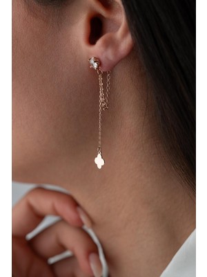 925 Ayar Gümüş Rose Kaplama 5 mm Tektaş Sallantılı Zincir Sade Yonca Model Küpe