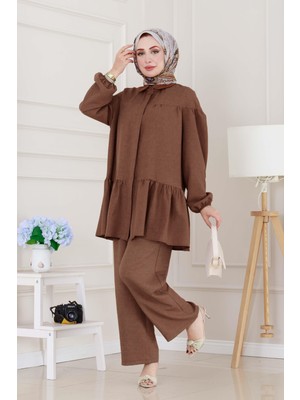 Eteği Volanlı Tunik Takım-Kahverengi