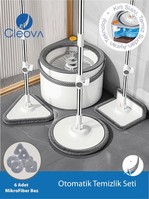 Cleova Yeni Tasarım Otomatik 360° Döner Mop ve Temizlik Seti, 3 Başlıklı Paspas Mop