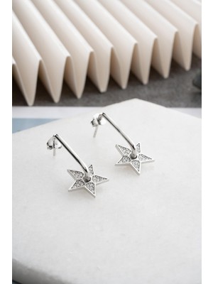 925 Ayar Gümüş Rodyum Kaplama Zirkon Taşlı Yıldız Küpe