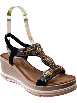 De Scarıo 1060 Kadın Taşlı Dolgu Topuklu Comfort Sandalet Siyah