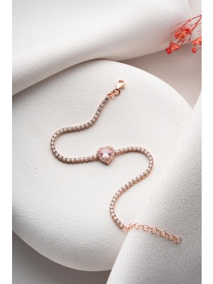 925 Ayar Gümüş Rose Kaplama Pembe Taşlı Kalp 2 mm Zirkon Taşlı Suyolu Bileklik