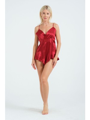 Laperissa Kadın Kırmızı Saten Tulum Fırfır ve Lastik Detaylı, Askılı, Şık Ev Giyim ve Gece Stili