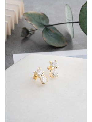 925 Ayar Gümüş Gold Kaplama Beyaz Zirkon Taşlı Kedi Küpe