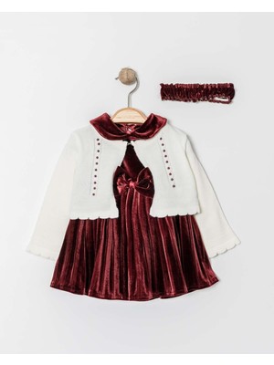 Bebe Yaka Fiyonk Detaylı Kadife Kumaş Bandanalı Kız Çocuk Triko Hırka Elbise Takım