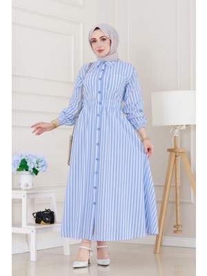 Çizgili Cepli Tesettür Elbise-Mavi