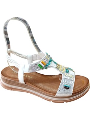 De Scarıo 2061 Kadın Taşlı Comfort Sandalet Beyaz