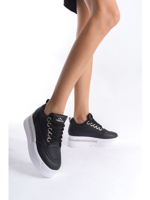 Zerenyus Lunora Premium Yüksek Taban Siyah Beyaz 8 cm Gizli Topuk Kadın Sneaker