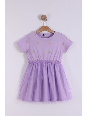 Pollito Kız Çocuk Lila Tül Detaylı Gökkuşağı Baskılı Elbise Fırfırlı Kol ve Gömlek Yaka ile Özel Olaylar İçin