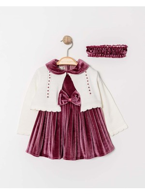 Bebe Yaka Fiyonk Detaylı Kadife Kumaş Bandanalı Kız Çocuk Triko Hırka Elbise Takım