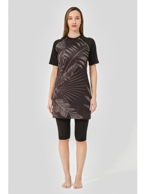 Alfasa Hızlı Kuruyan Desenli Reglan Yarım Kol Yarı Kapalı Tesettür Mayo 24708-25 Siyah