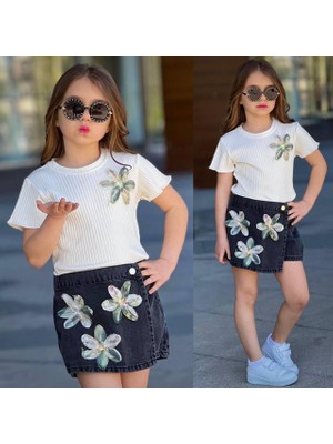 Kız Çocuk Çiçek Desenli Tihirt & Kot Etek Takım - Yazlık Kombin 2526K