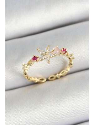Pirinç Papatya Figürlü Zirkon Taşlı Gold Renk Ayarlanabilir Kadın Yüzük