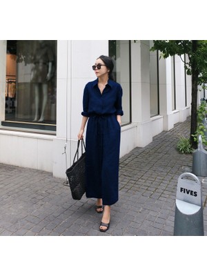 Beli Bağcık Detaylı Keten Uzun Kol Elbise