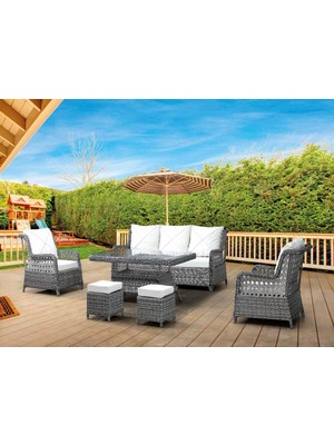 Dicle 5 Kişilik Gri Örgü Rattan Oturma Grubu Minderli & 80X140CM Masa+Puflu Takım