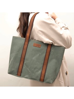 Design 05 Kanvas Kumaş - Deri Kadın Haki Omuz Çanta