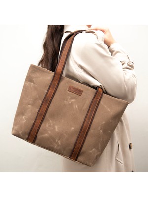 Design 05 Kanvas Kumaş - Deri Kadın Haki Omuz Çanta