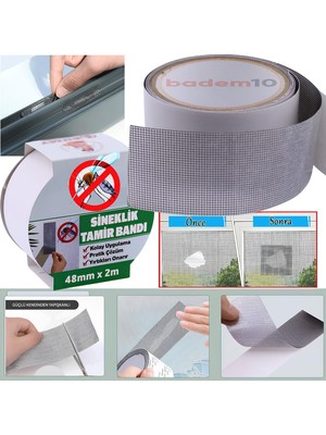 48 mm x 2 Metre Yapışkanlı Sineklik Yaması Tülü Tamir Bandı Bantı Yırtık Kopmuş Delik Fiber Tül Yapıştırma Gri