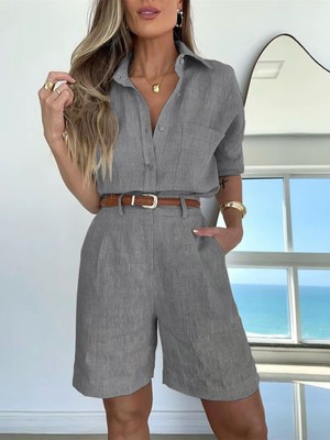 Gömlek Şort Ikili Takım Keten Yazlık Uzun Kol