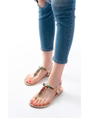 152-1110 Gold Multi Cam Kırığı Taşlı Parmak Arası Kadın Sandalet