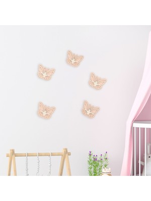 Ahşap Kelebek Duvar Süsü 5’li Set – Pembe, Mavi, Yeşil Renkli Çocuk Odası Dekoru, Bantlı Montaj
