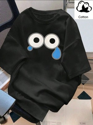 Akan Göz Desenli Oversize Siyah T-Shirt