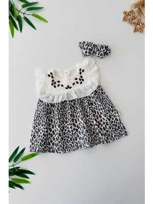 Miniğimin Cicileri Leopar Detaylı Müslin Pamuk Kız bebe elbise - Kahverengi