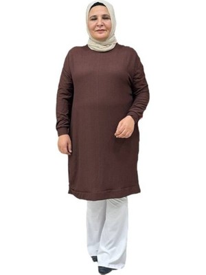 Sevda Kılınç Bürümcük Desenli Büyük Beden Tunik Kadınlar İçin Kahverengi Uzun Kol Rahat Kesim