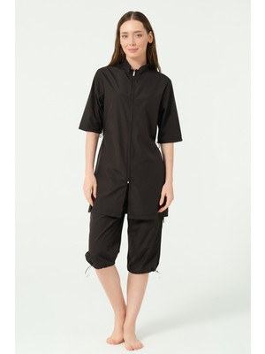 Alfasa Klasik Yarım Kol Dik Yaka Yarı Kapalı Mayo Siyah - 25740-25